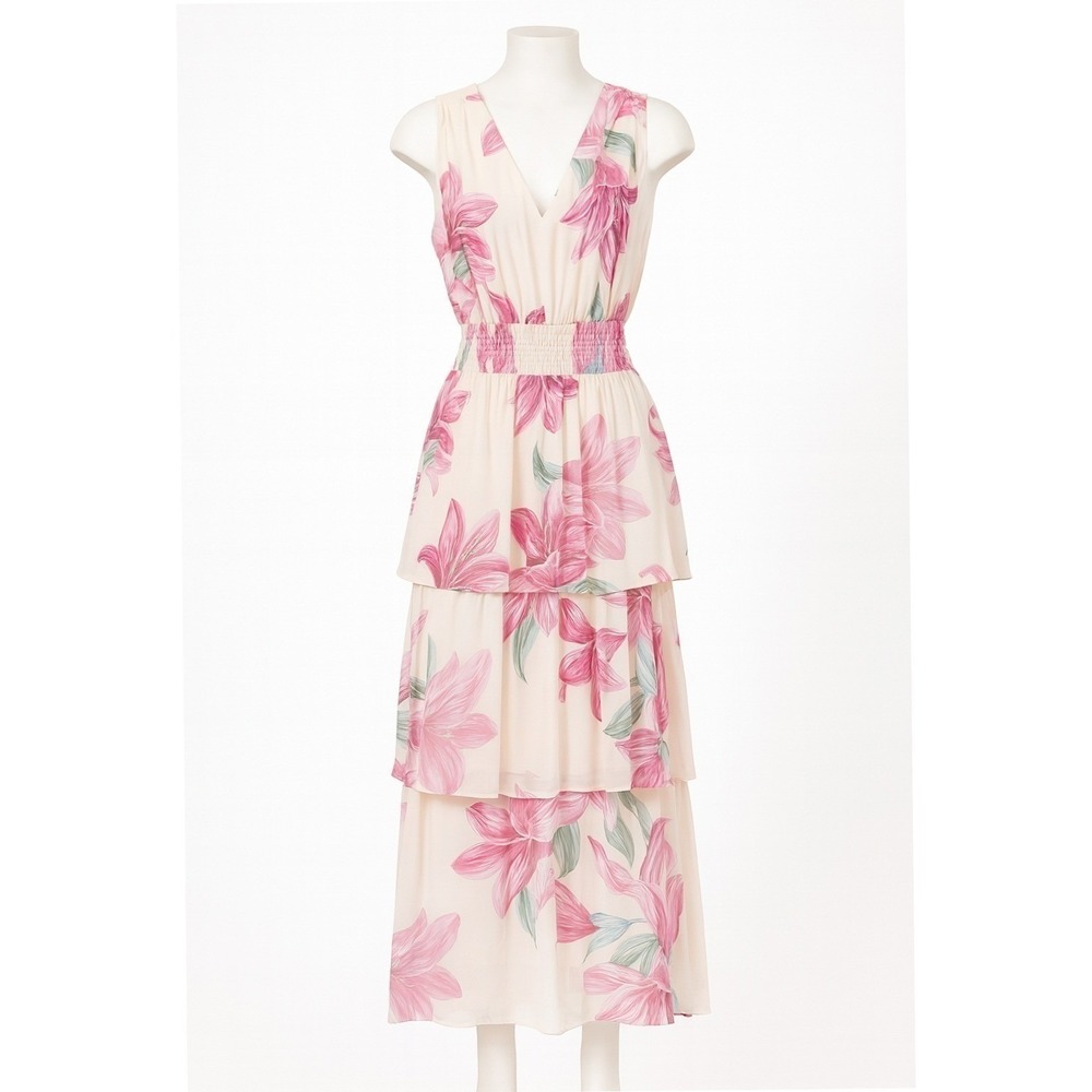 Y2K Floral Fairy Smocked Tiered V Neck Maxi Dress Sz S Pink Cream Flowy Romantic